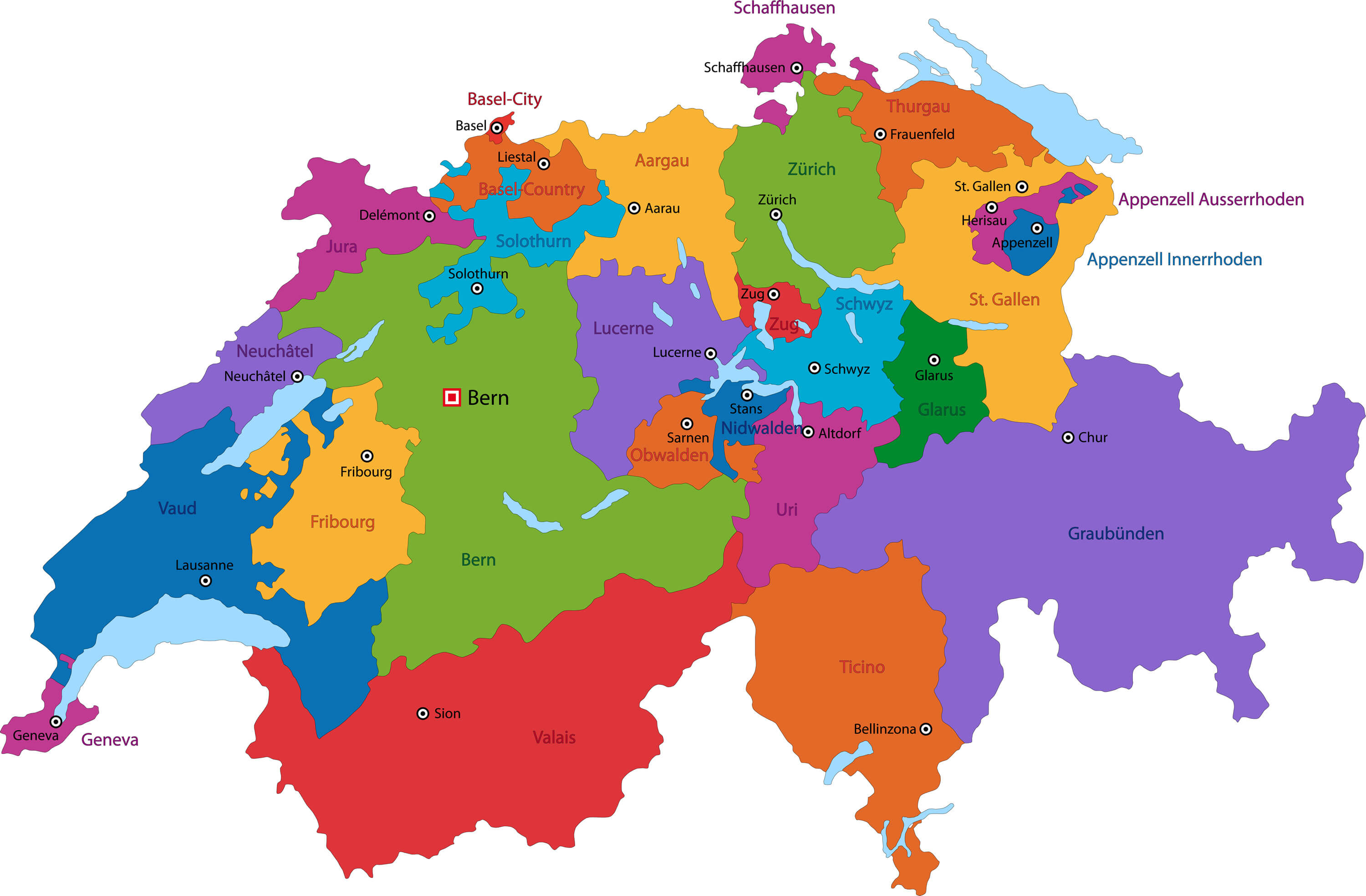 Bunte Karte Bern Schweiz mit Staaten und Hauptstadten
